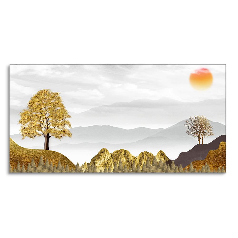 Golden Trees with Beautiful Sunrise Premium Canvas Wall Painting