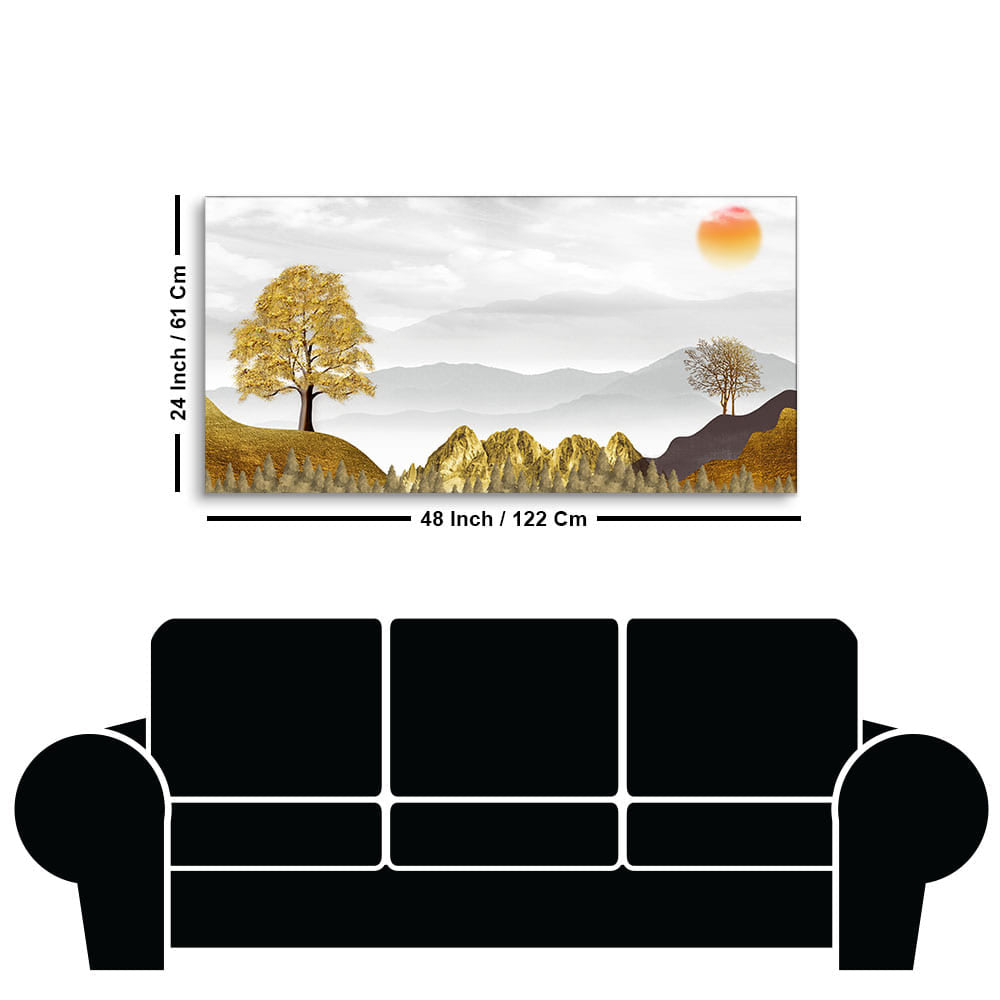 Golden Trees with Beautiful Sunrise Premium Canvas Wall Painting