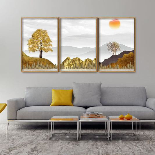 Golden Trees with Beautiful Sunrise Premium Floating Canvas Wall Painting Set of Three