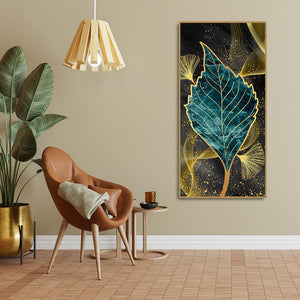 Golden Waves Shapes Turquoise and Green Leaf Feather Canvas Wall Painting