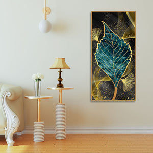 Golden Waves Shapes Turquoise and Green Leaf Feather Canvas Wall Painting