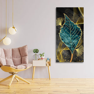 Golden Waves Shapes Turquoise and Green Leaf Feather Canvas Wall Painting