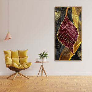 Golden Waves Shapes Turquoise and Red Leaf Feather Canvas Wall Painting