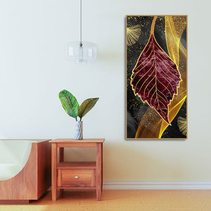 Golden Waves Shapes Turquoise and Red Leaf Feather Canvas Wall Painting