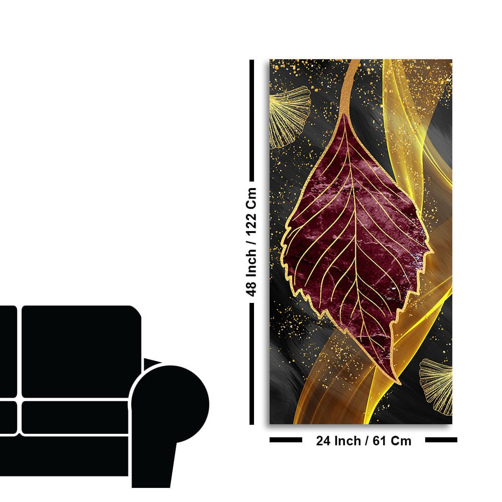 Golden Waves Shapes Turquoise and Red Leaf Feather Canvas Wall Painting