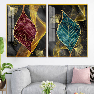 Green and Red Leaf Shape Acrylic Floating Wall Painting Set of 2