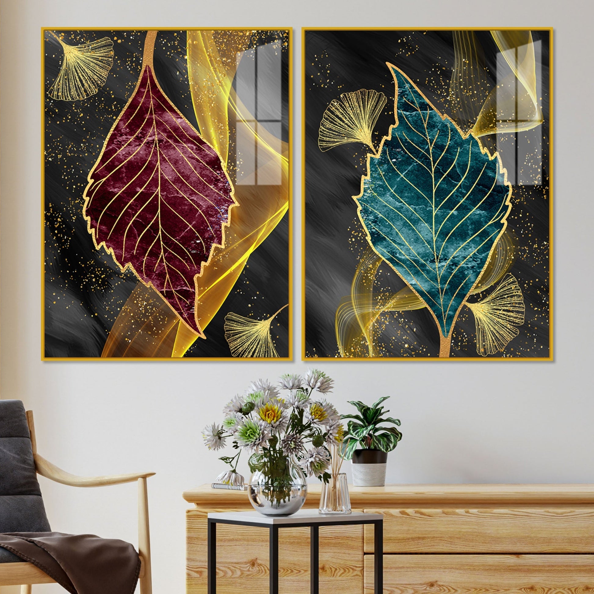 Green and Red Leaf Shape Acrylic Floating Wall Painting Set of 2