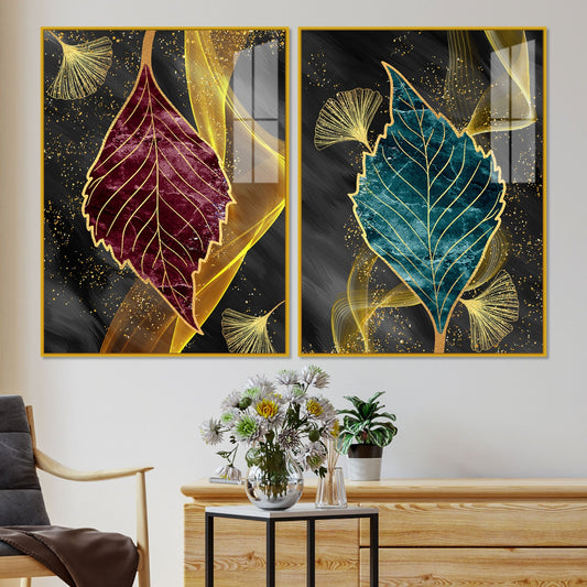 Green and Red Leaf Shape Acrylic Floating Wall Painting Set of 2