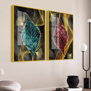 Green and Red Leaf Shape Acrylic Floating Wall Painting Set of 2