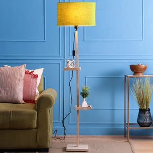 Green Fabric Double Shelf Floor Lamp with Natural Solid Wood Color Base