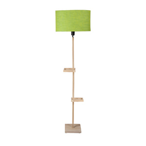 Green Fabric Double Shelf Floor Lamp with Natural Solid Wood Color Base