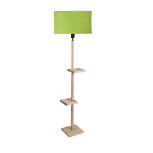 Green Fabric Double Shelf Floor Lamp with Natural Solid Wood Color Base
