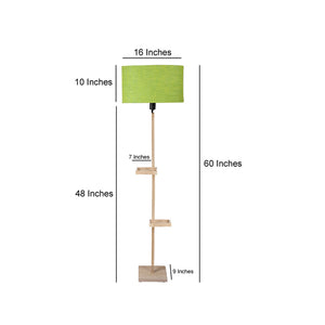 Green Fabric Double Shelf Floor Lamp with Natural Solid Wood Color Base