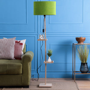 Green Fabric Double Shelf Floor Lamp with Natural Solid Wood Color Base