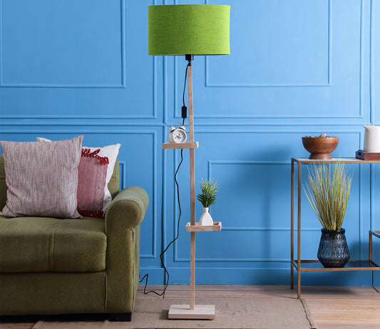 Green Fabric Double Shelf Floor Lamp with Natural Solid Wood Color Base