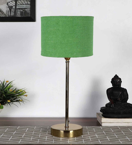 Green Textured Cotton Metal Finish Golden Table Lamp