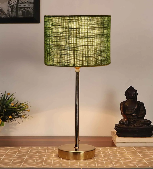 Green Textured Cotton Metal Finish Golden Table Lamp