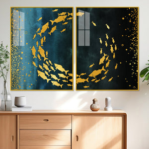 Group of Golden Fishes Acrylic Floating Wall Painting Set of 2