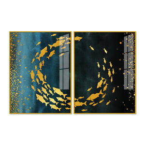 Group of Golden Fishes Acrylic Floating Wall Painting Set of 2