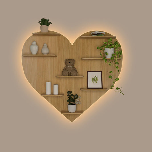 Heart Backlit Designer Wooden Wall Shelf / Book Shelf / Night Light, Light Oak Finish