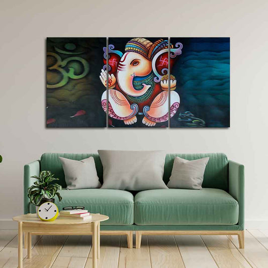 Hindu Lord Ganesha 3 Pieces Canvas Wall Painting