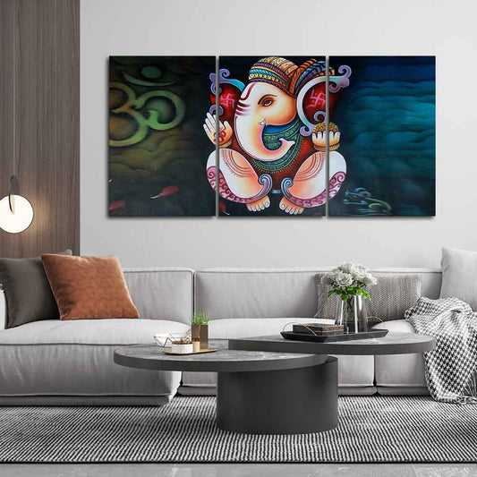 Hindu Lord Ganesha 3 Pieces Canvas Wall Painting