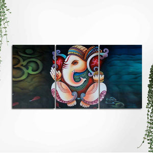 Hindu Lord Ganesha 3 Pieces Canvas Wall Painting