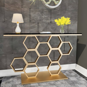 Honeycomb Motif Artistic Golden Finish Metal Console Table