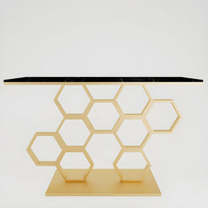 Honeycomb Motif Artistic Golden Finish Metal Console Table