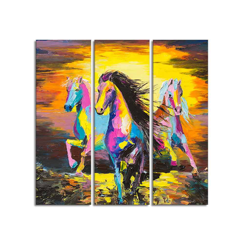 Horses Running in Sunset Canvas Wall Painting of 3 Pieces