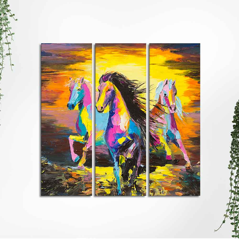 Horses Running in Sunset Canvas Wall Painting of 3 Pieces