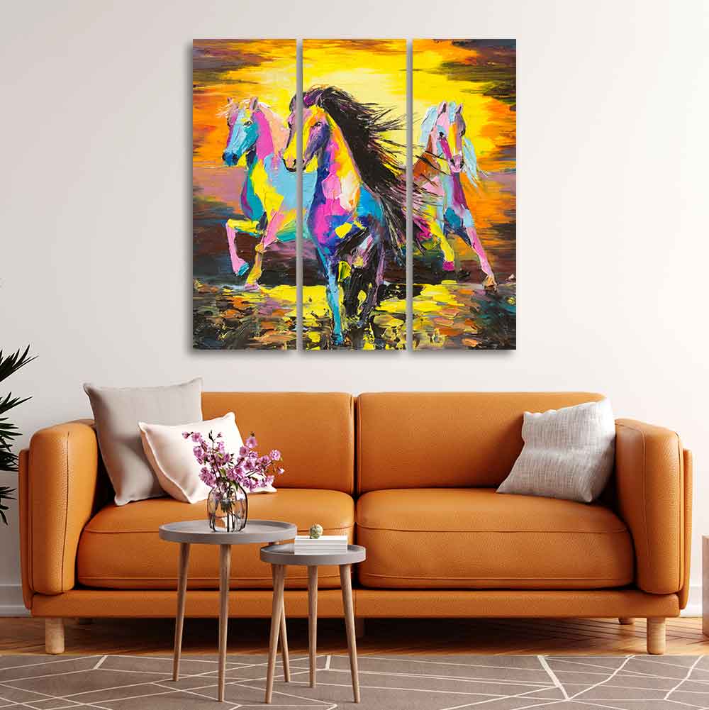 Horses Running in Sunset Canvas Wall Painting of 3 Pieces