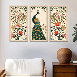 Indian Folk Art Peacock Madhubani Wooden Wall Frame Set of Three