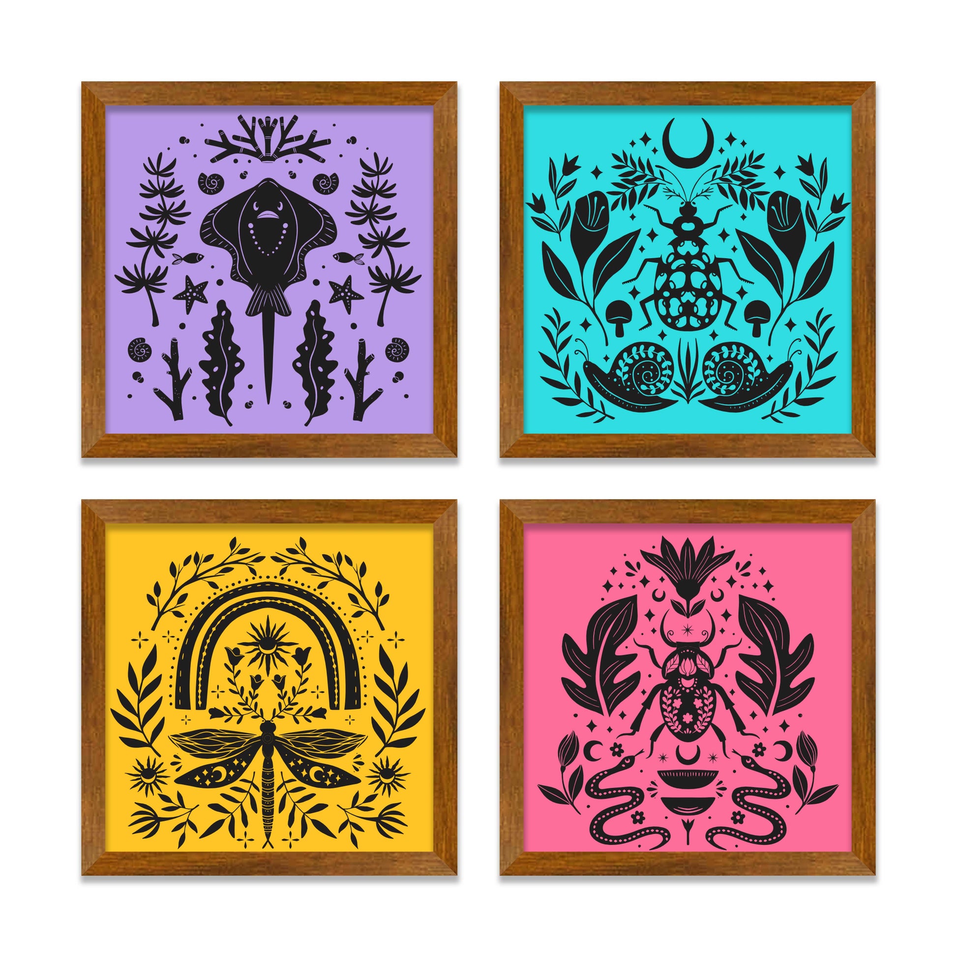 Insects Folk Art Wall Frame Set of Four