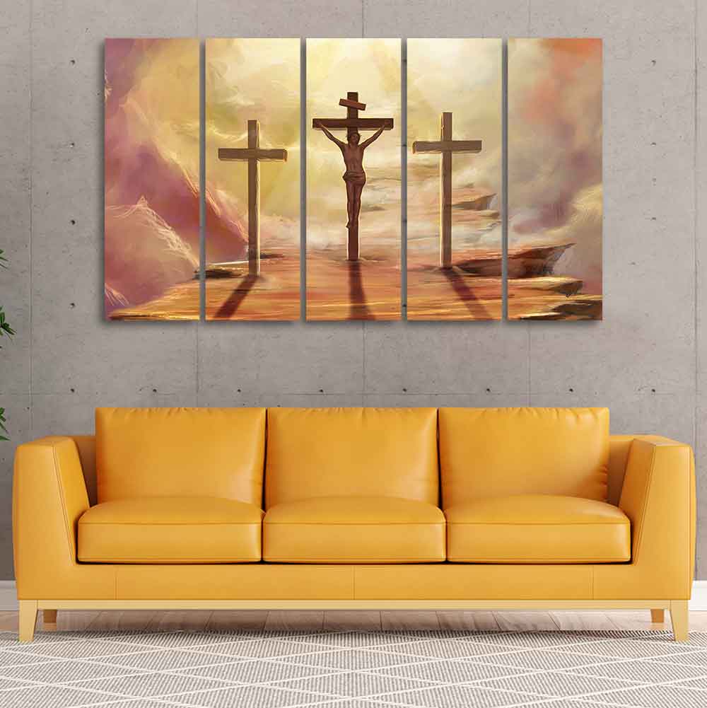 Jesus Cross with Moon Dark Background Five Pieces Canvas Wall Painting