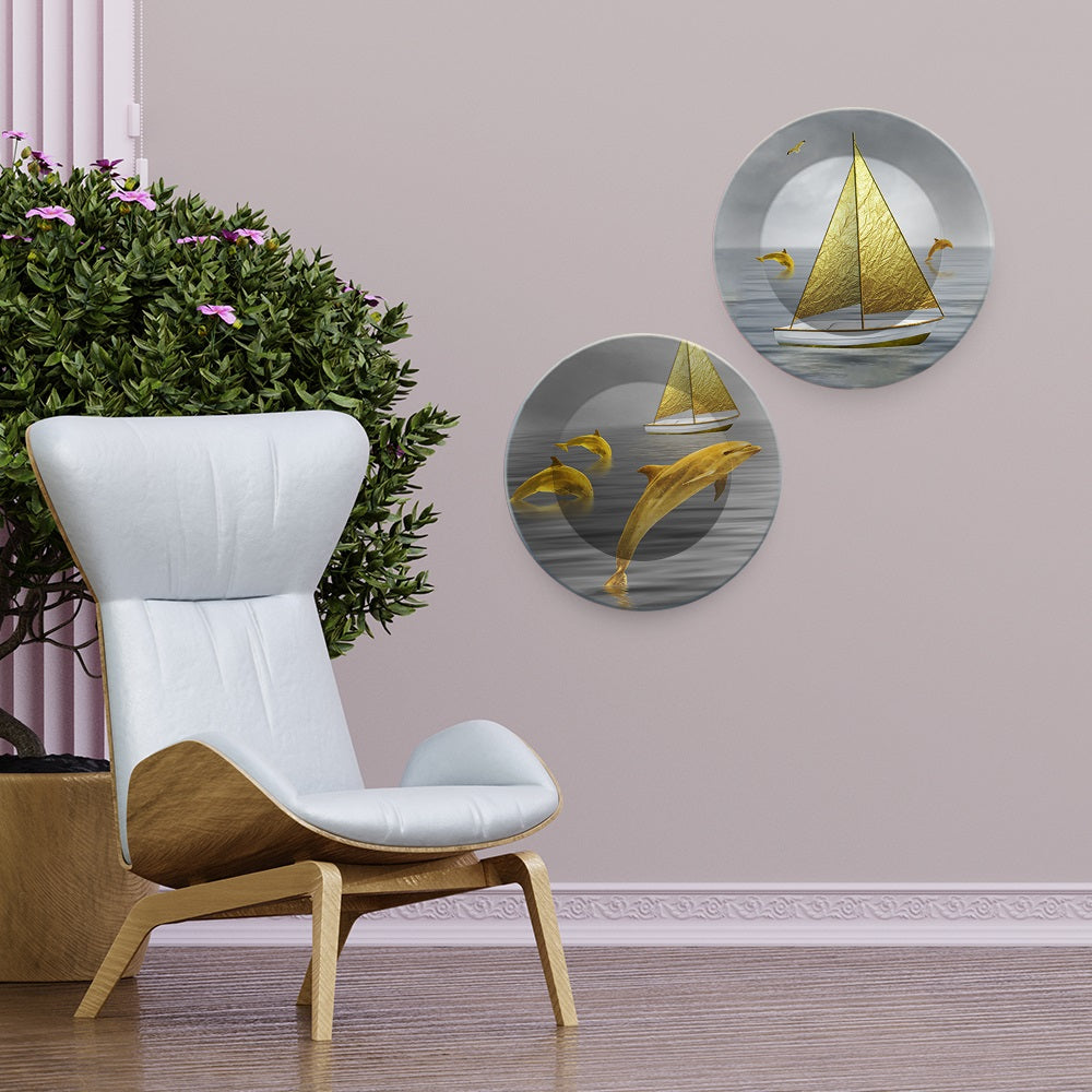 Jumping Dolphin in the Ocean Wall Hanging Plates of Two Pieces