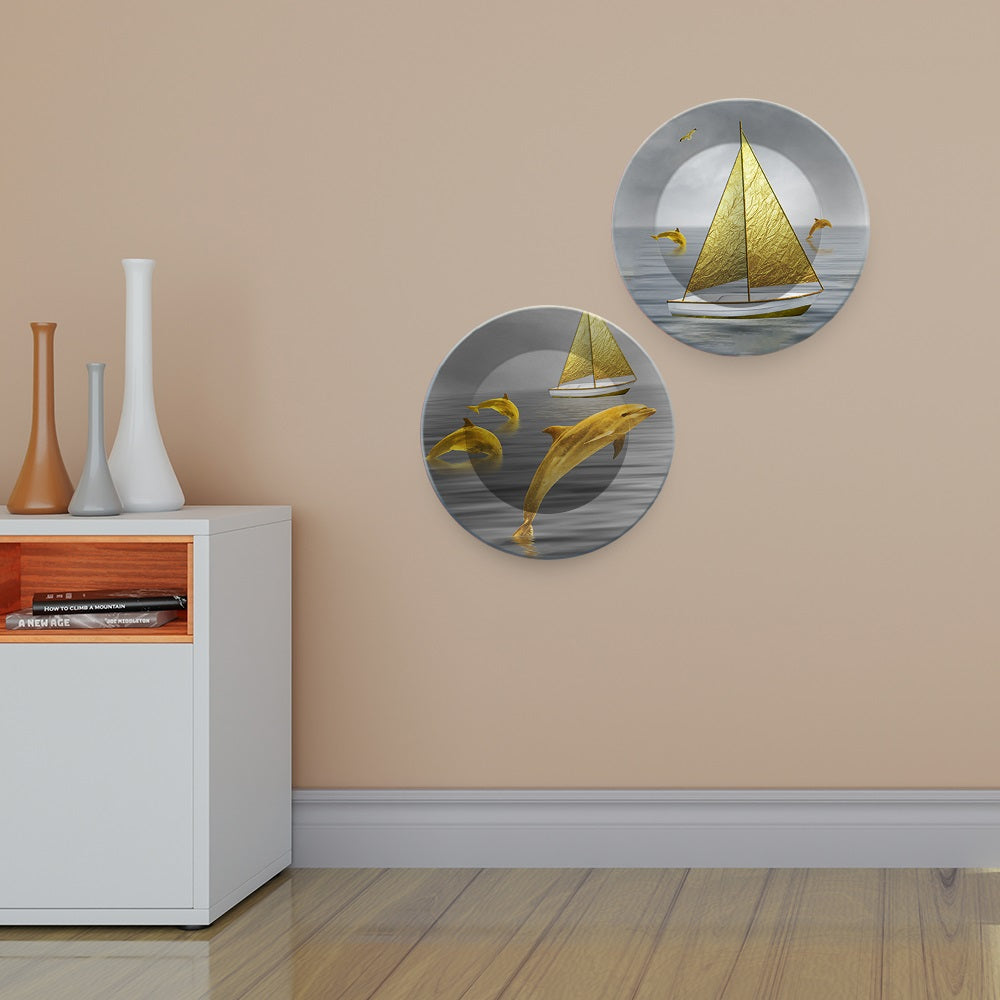 Jumping Dolphin in the Ocean Wall Hanging Plates of Two Pieces