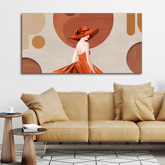 Lady Wearing Orange Hat and Dress Premium Wall Painting