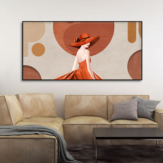 Lady Wearing Orange Hat and Dress Premium Wall Painting