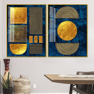 Line Art Golden Shapes Acrylic Floating Wall Painting Set Of 2