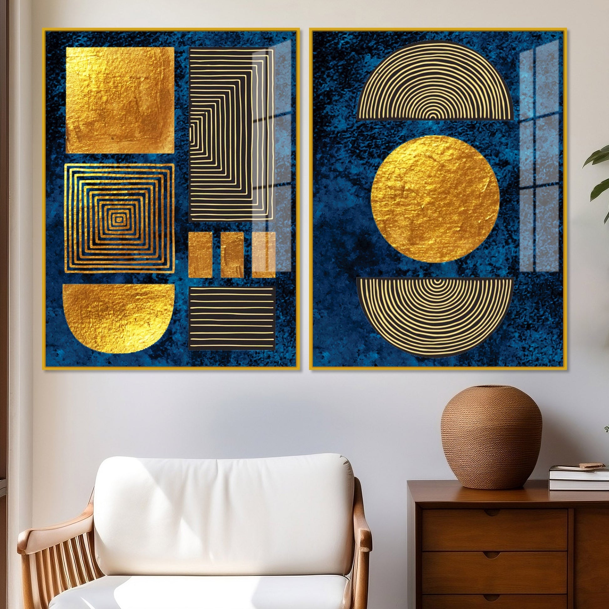 Line Art Golden Shapes Acrylic Floating Wall Painting Set Of 2