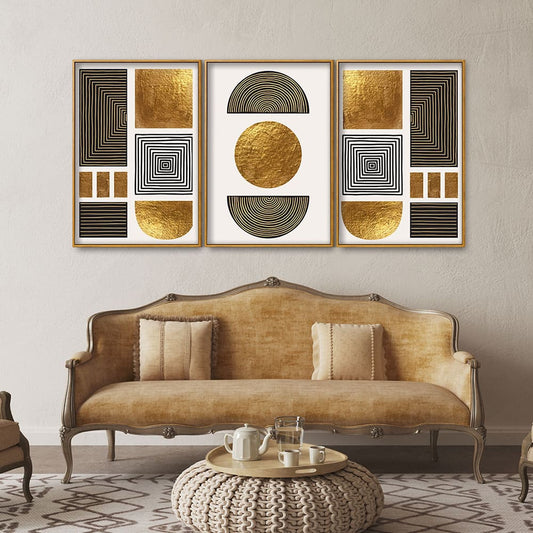 Line Art Golden Shapes Floating Canvas Wall Painting Set of Three