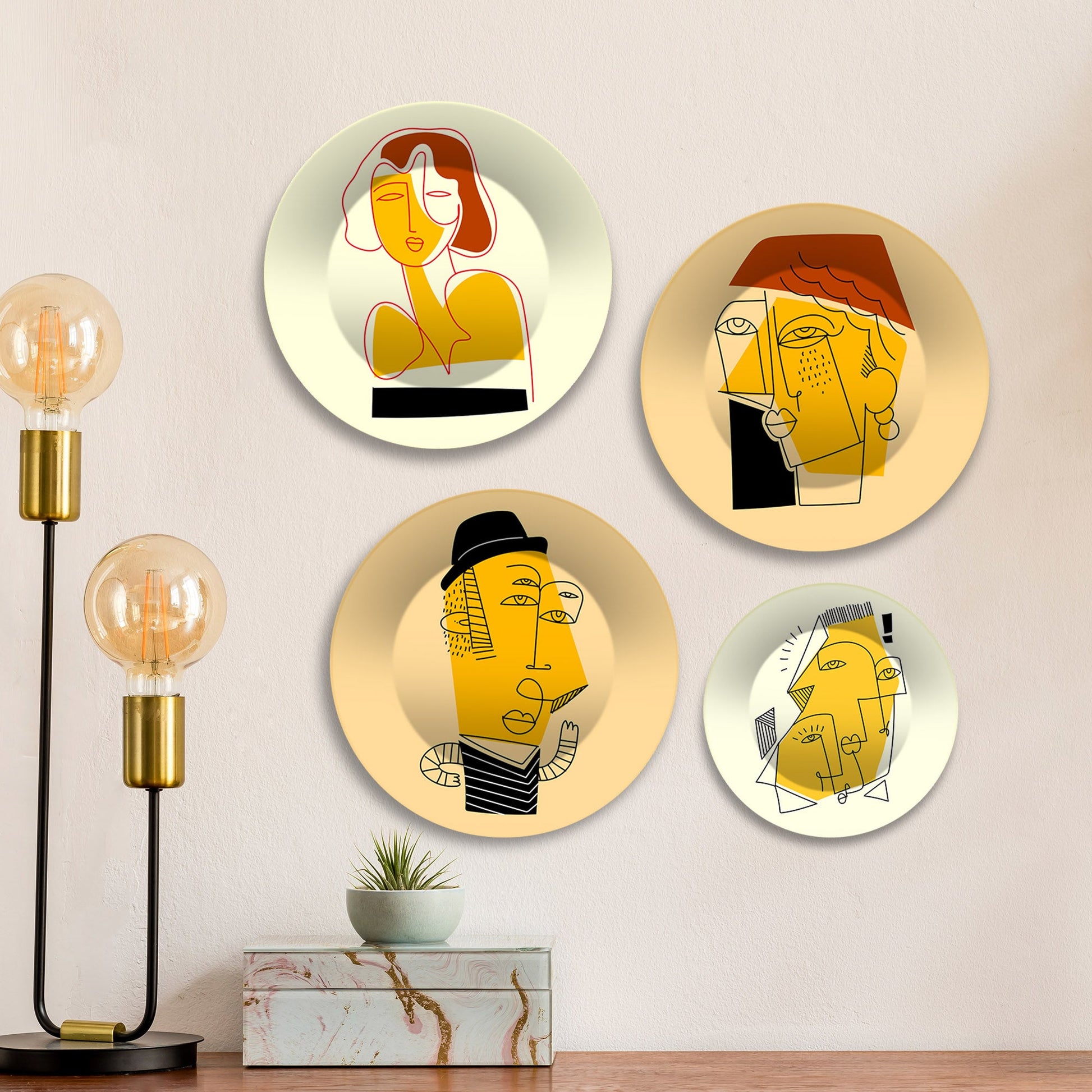 Line Art Portraits Premium Wall Plates Painting Set of Four