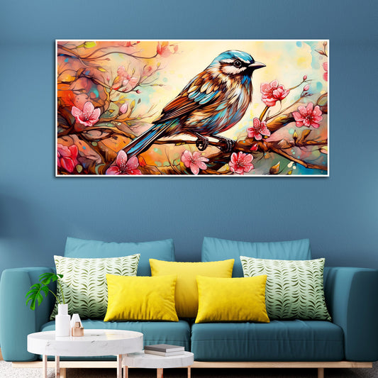 Little Sparrow with bright colored Flower Canvas Wall Painting