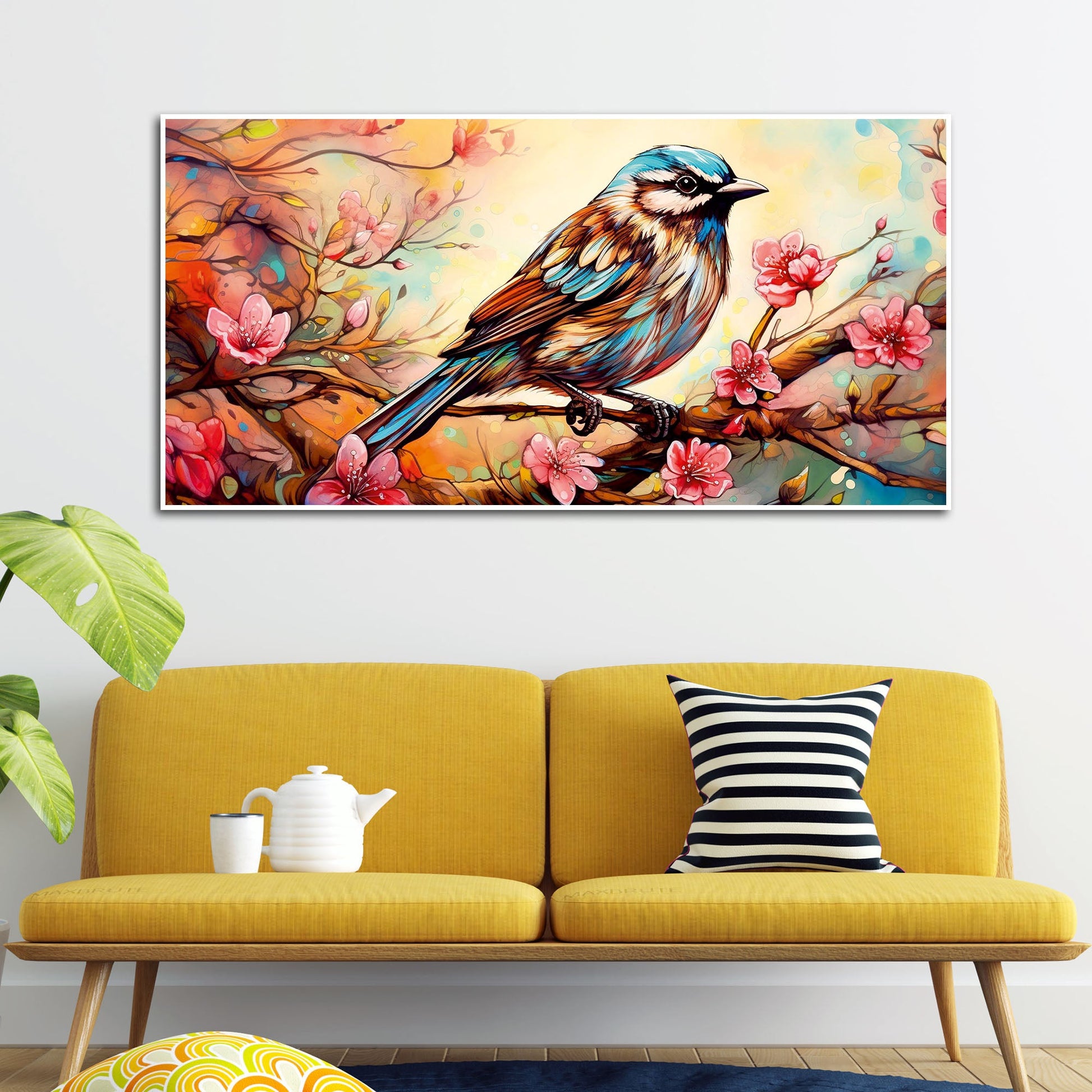 Little Sparrow with bright colored Flower Canvas Wall Painting