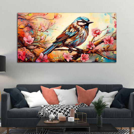 Little Sparrow with bright colored Flower Canvas Wall Painting