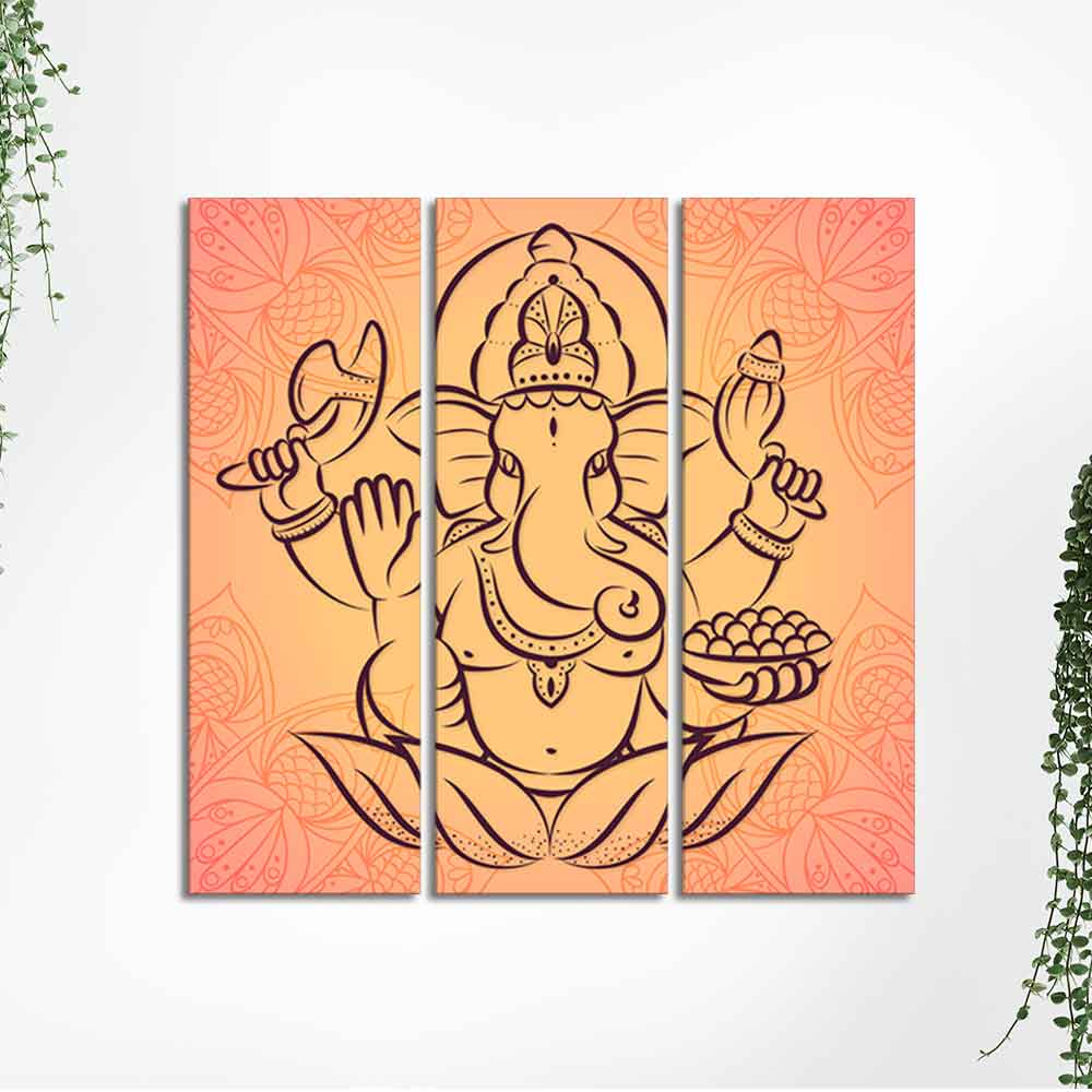 Lord Ganesha Wall Painting of Three Panels