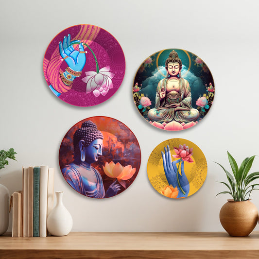 Lord Buddha Meditating Premium Wall Plates Painting Set of Four