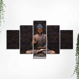 Lord Buddha Meditating Statue Five Pieces Canvas Wall Painting