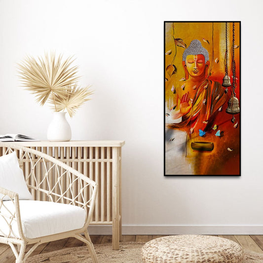 Lord Buddha with Leaves Canvas Wall Painting